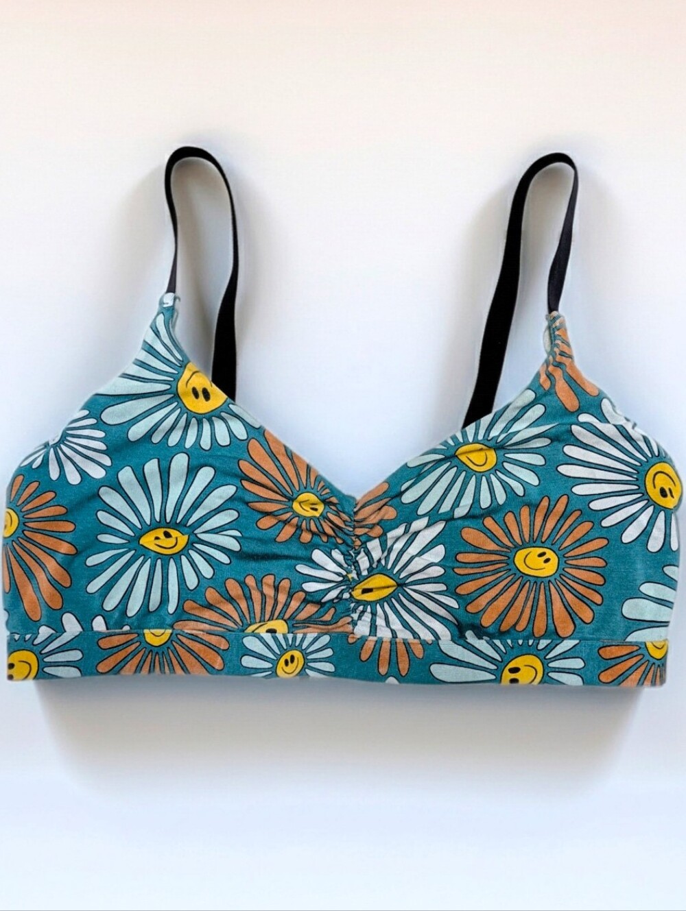 MeUndies Teal Disco Daisy Smiley Face Bralette with Adjustable Straps, Size 2X